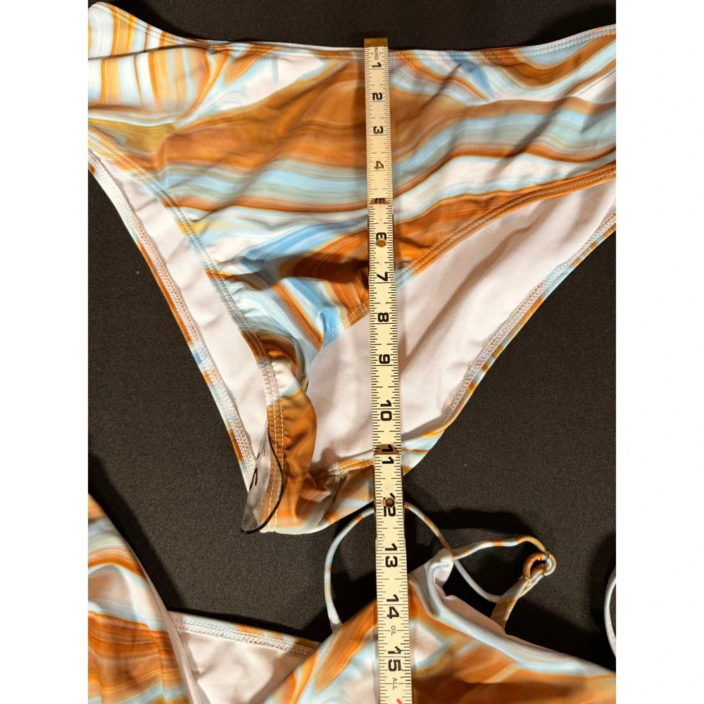 Marble Swirl 3 Piece Bikini Set Mesh Skirt Cover Up Blue Orange 2XL Coastal Y2K